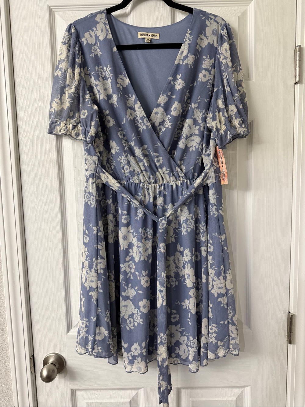 Inspired Hearts Blue White Floral Faux-Wrap V-Neck Puff-Sleeve Mesh Dress Sz 2X